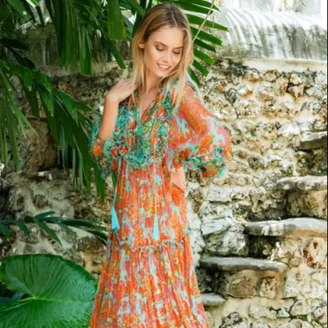 Summer Casual Boho Beach Leopard Print Long Sleeve Women Apparel O-Neckline Design Elegant Maxi Long Dress at cheap price