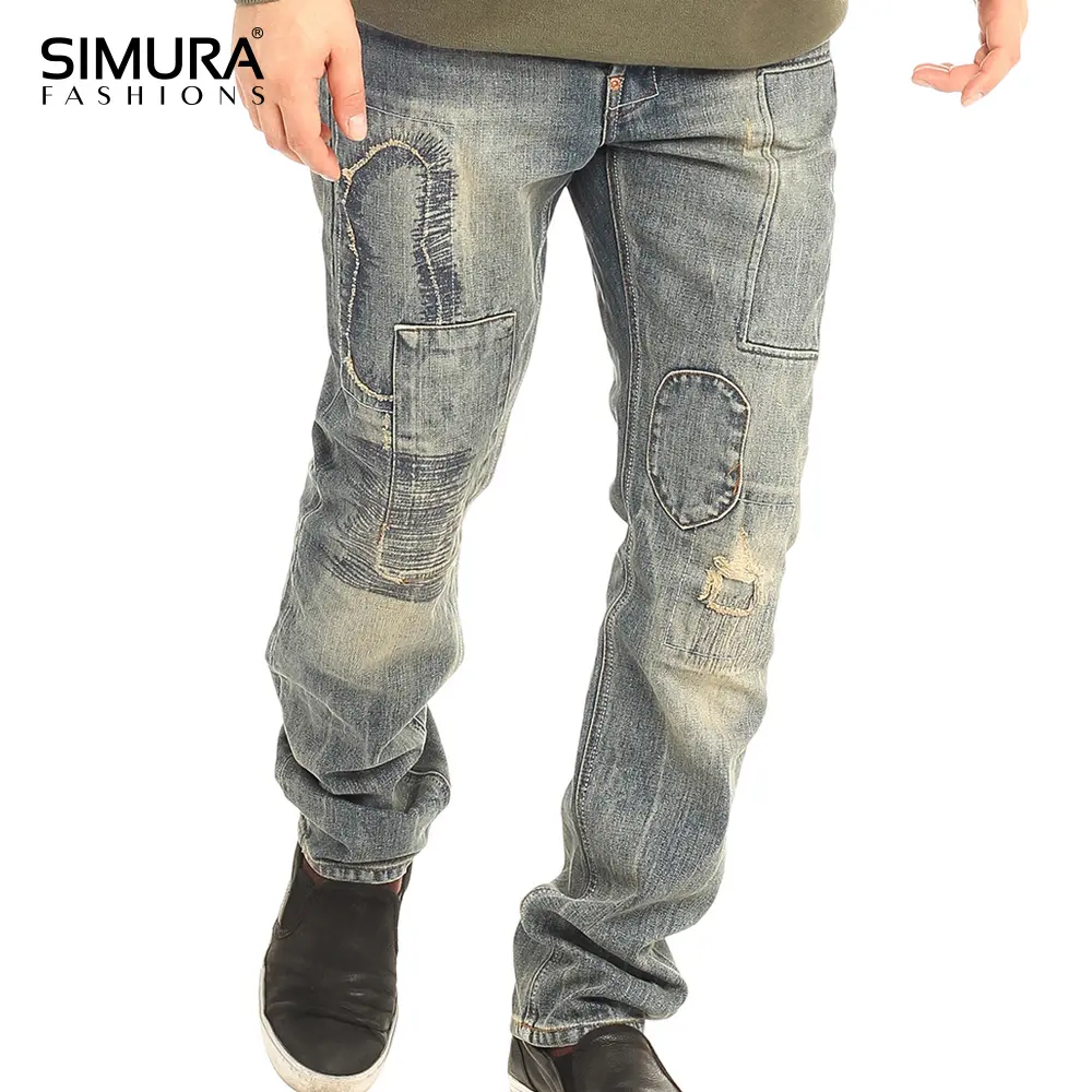 Wholesale Price Stylish Embroidered LOGO Ripped Plus Size Blue White Black Cotton Spandex Customized Denim Men's Jeans