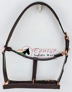 Cabestro de caballo de herrajes de oro rosa con cuero genuino y canal vacío en la nariz y la pieza de la mejilla - Product Image 1