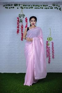 Sari — vêtements de réception très beaux pour femmes, georgette à paillettes lourde, avec chemisier, pièce indienne, à bas prix - Product Image 2