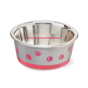 银色宠物喂食器狗和猫碗粉红色爪印定制印花印花