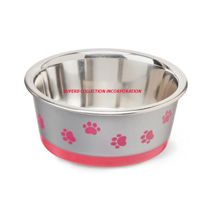 Silver Pet Feeder <b>Dogs</b> and Cat Bowls With <b>Pink</b> Paw Print Customized Printed Available - Product Image 1