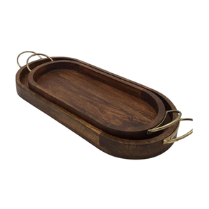 Juego de dos bandejas rectangulares para servir comida, bandeja de madera para servir té y café con asas de metal en venta - Product Image 3
