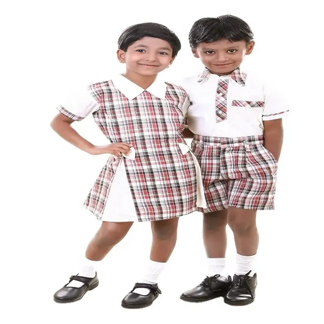 Kunden spezifisches Produkt Hochwertige Karos Stoff Jungen Shirt Mit Halber Hose & Mädchen Rock Schuluniform