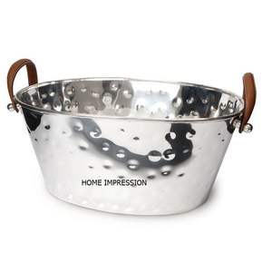 Leather Handle Decorative Metal Wine Bucket Large Metal Luxury Hammered Design Metal Wine <b>Cooler</b> Silver Color Stainless Steel - Product Image 1