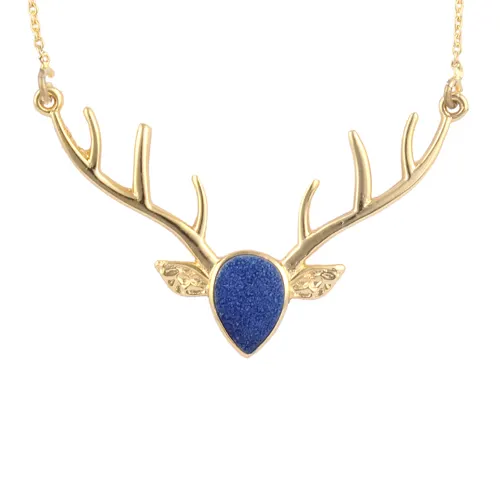 Beliebte verkaufende Birnen form blau Achat Druzy Designer Geweih Halskette 24 Karat vergoldete Glieder kette Halskette schönes Geschenk für die Liebe
