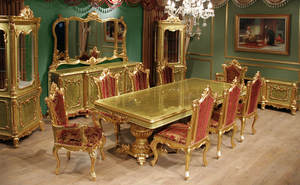 Ensemble de meubles de salle à manger en bois, vintage, classique, décor antique, table à manger avec chaises, en feuille d'or, 8 places - Product Image 3