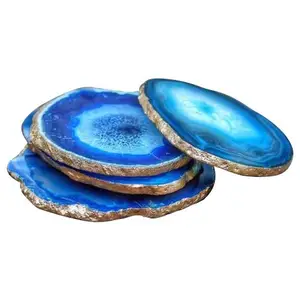 Vente en gros de plaque de tranche de dessous de verre de pierres précieuses de guérison en cristal d'onyx bleu avec la meilleure qualité Type d'agate de garniture d'or à vendre