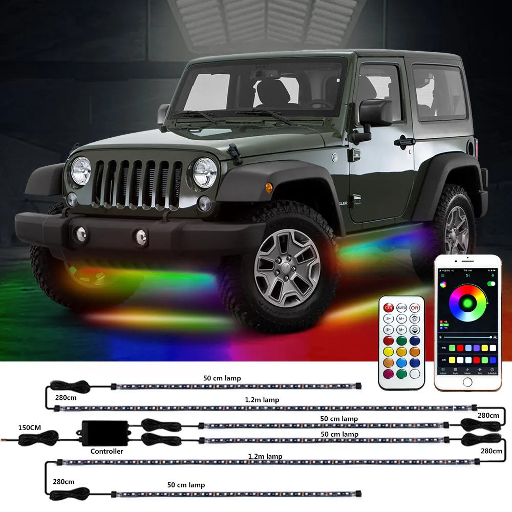 6PCS Dream Chasing Color Underglow Car Light Kit 50cm 120cm waterproof APP Remote Control ambient Car Under Glow LED Strip Light