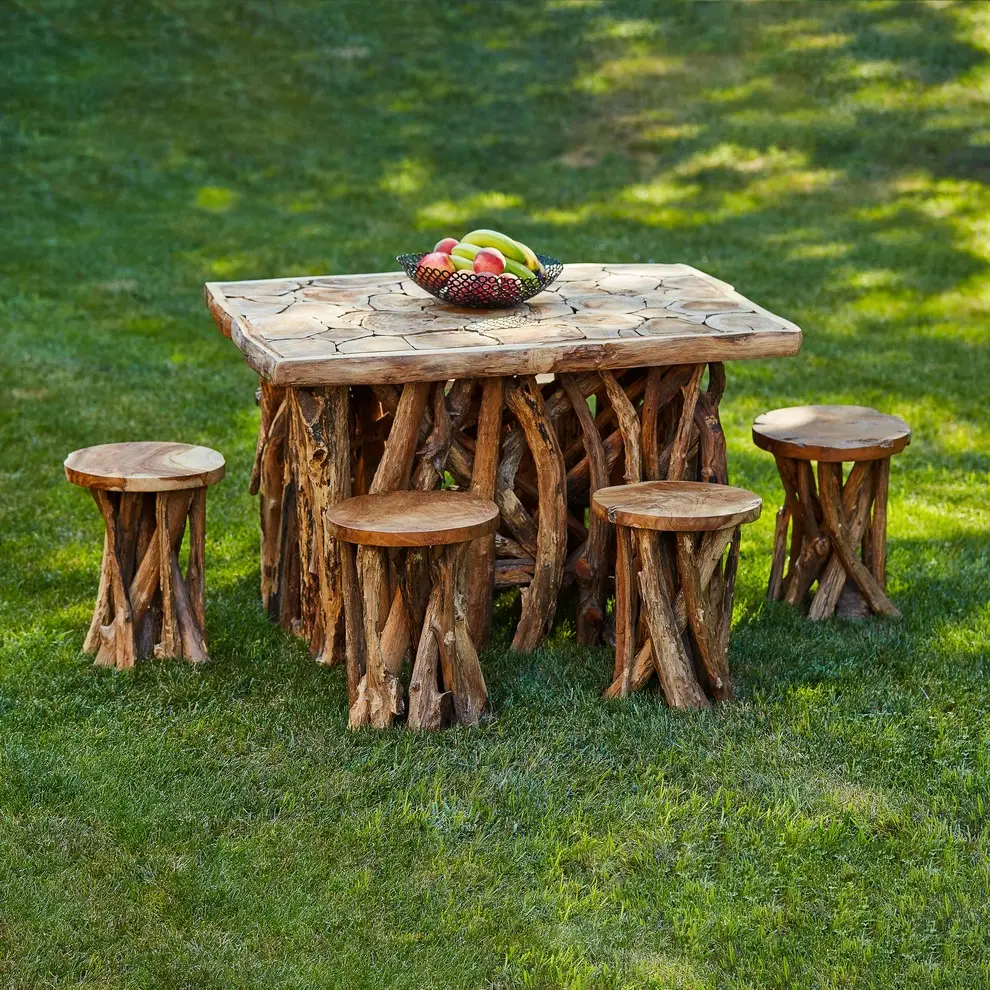 Table à manger en teck naturel, avec branches