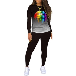 Ensemble de survêtement tie-dye pour femmes grandes tailles, sweat-shirt à manches longues avec imprimé lèvres et pantalon - Product Image 5