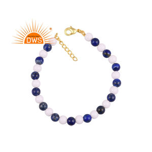Bracelet en argent sterling 925 fait main avec des perles d'agate blanche naturelle et de lapis-lazuli, fabricant de bijoux - Product Image 1