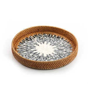 Rattan Wicker Trays with Mother of Pearl Inlay MDF Base and Insert Handle for Fruit Serving, <b>Coffee</b> <b>Table</b> Trays Handmade - Product Image 6