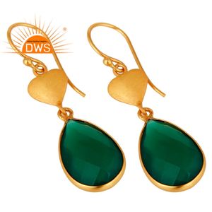 Hot Popular <b>Green</b> Onyx Gemstone Earrings 18k Yellow Gold Plated Silver Dangle Hook Earrings Indian Jewelry Supplier - Product Image 2