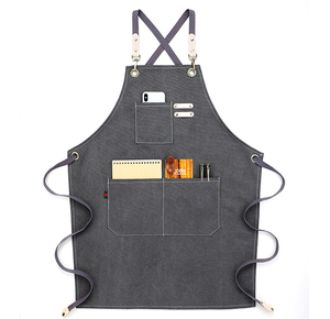 ผ้ากันเปื้อนผ้าลินินดีไซน์แบบทำมือสายหนังแบบไขว้ด้านหลังสำหรับบาริสต้าทำอาหารเบเกอร์สวนเครื่องแบบทำงานสวนผ้ายีนส์หนัง - Product Image 5