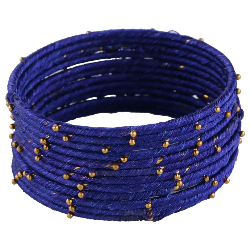 Indian Bollywood Fashionable Gold Plated Beaded Blue Silk Thread Wedding Bridal (12 Pcs) Bracelet Bangle Set