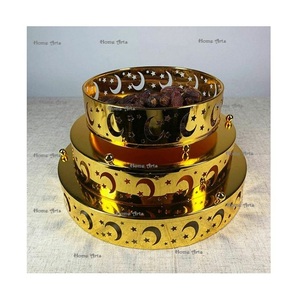 Antique Design Round Shape Ramadan Tray In Metal Gold <b>Color</b> Chocolates Dates Tray For Home Hotelware Usage - Product Image 3