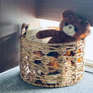 Round Woven <b>Straw</b> Laundry <b>Basket</b> with Leather Handles Water Hyacinth Storage <b>Basket</b> - Product Image 3