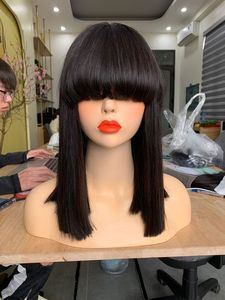 Extensiones de Cabello Humano de Color Natural, Personalizadas, Negras, Corte de 8 Pulgadas, Doble Trama a Máquina, Frontal de 150g, Flequillo Liso y Sedoso - Product Image 1