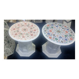 Unique Handmade White Marble With Natural Stone Inlay Work Coffee Table Set - Product Image 1