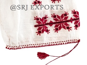 Women Traditional Embroidered Blouse Red <b>Star</b> Pattern <b>Balloon</b> Sleeve O-Neck Loose Fit Cotton Top All Seasons Everyday Wear - Product Image 4