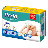 Lot de deux couches jetables PERLA pour bébé avec surface sèche en tissu non tissé, absorption, protection anti-fuites, motif imprimé, certifiées ISO/GMP