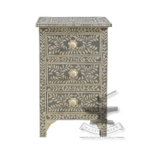 โต๊ะข้างสามลิ้นชักดีไซน์แบบฝรั่งเศสกระดูกสีเทาและฝังสำหรับรับประทานอาหารห้องนั่งเล่นห้องครัวบ้านบ้านไร่โรงแรมอพาร์ทเมนท์ - Product Image 2