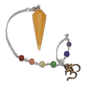 Best Value of 12 Faceted Yellow Quartz Chakra Pendulums with Om : 12 Faceted Yellow Quartz Chakra Pendulums with Om for Sale - Product Image 1