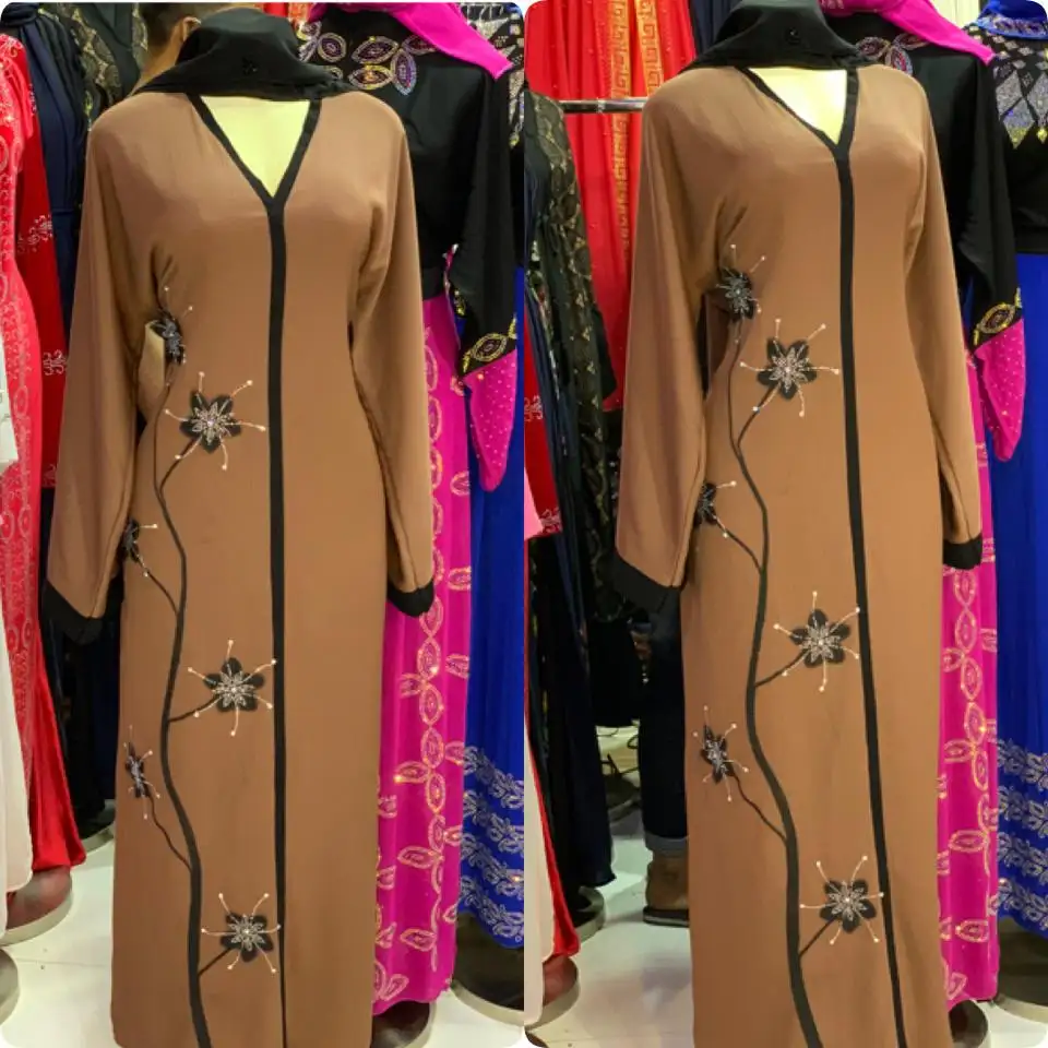 Kimono Abaya Desain Baru Terbuka Depan dengan Tangan Gaun Muslim Abaya Lengan Panjang dengan Pekerjaan Batu dan Kristal