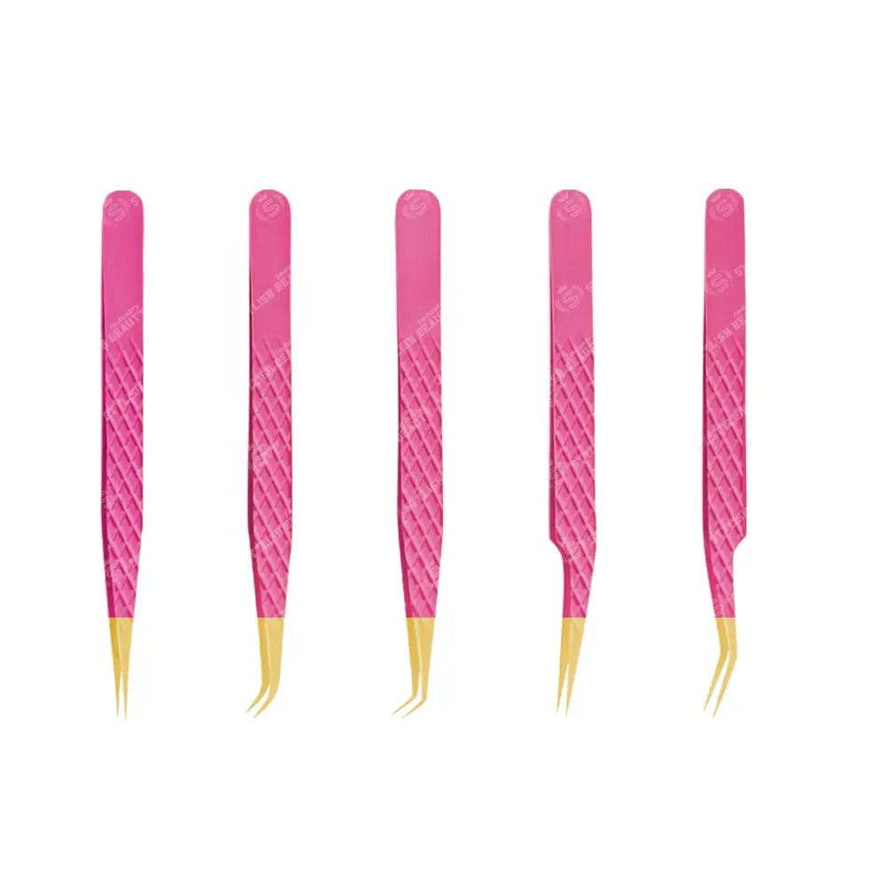 Competitive price and superior quality Golden Tip Straight & Curved Pink Tweezers For Growing the lashes professionally