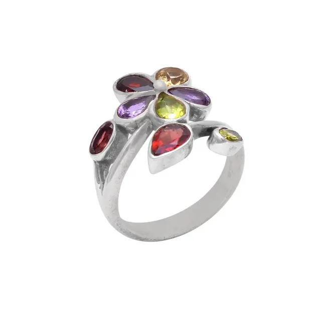 Wholesale Garnet Amethyst Peridot Pear Gemstone 925 Sterling Silver Adjustable Flower Jewelry Ring