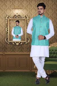 Conjunto Kurta Pant Churidar Blanco, Estilo Formal, Kurta Pajama para Hombre, Diseño de Lino Pathani, Moda Bollywood, Venta al por Mayor - Product Image 5