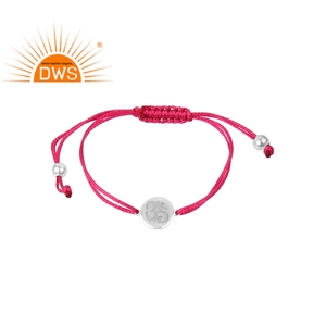 Om <b>Charm</b> Set Cotton Thread Adjustable <b>Bracelet</b> White Rhodium Plated 925 Plain <b>Silver</b> Jewelry Wholesaler - Product Image 1