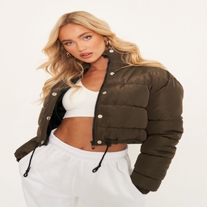 Cuerpo corto con cremallera mangas completas mujer burbuja Puffer chaqueta de satén 2025 Color sólido cuello alto relleno de plumas Micro bola fibra - Product Image 1