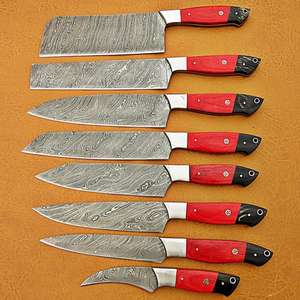 Juego de 8 Cuchillos de Cocina de Acero de Damasco, Hoja de Acero al Carbono y Mango de Madera Pakka, Cuchillo de Cocina Afilado para Herramientas de Cocina - Product Image 1