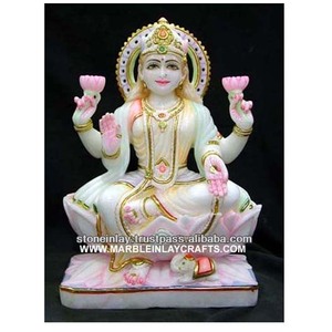 Estatua de la Diosa Laxmi Ji de Mármol Blanco Puro de Makrana Sentada sobre un Loto - Product Image 1