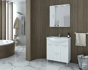 Moderne Europese Badkamer Ijdelheid Set 75Cm Met Opslag Ruimtes, Keramische Monoblock Wastafel En Spiegel Unit Met Opslag