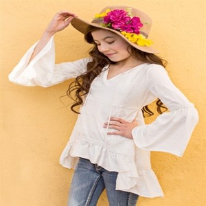 Tunique à manches longues en ivoire, confectionnée en tissu en rayonne doux, pour mignonnes filles, à volants, tenue d'été - Product Image 1