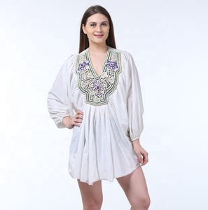 มินิเดรสผ้า Kaftan ปักลายแบบดั้งเดิมทำด้วยมือชุดใส่เดินชายหาดแฟชั่นฤดูร้อนของผู้หญิงชุดวันหยุดสไตล์ธรรมชาติสำหรับผู้หญิง - Product Image 1