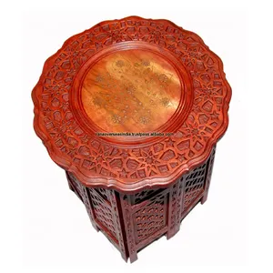 现代圆形侧面Tbale木制手工雕刻茶几，顶部采用黄铜镶嵌设计，用于酒店家居装饰