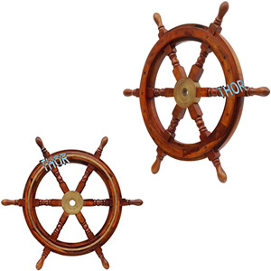 Nautical Round Wood and Brass Decorative <b>Ship</b> <b>Wheel</b> 12" <b>Wheels</b> Pirate <b>Ships</b> Boat Brown Polished Wall Home Decor - Product Image 6