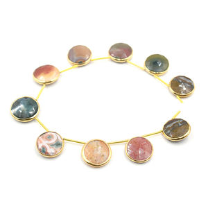 Jasper Round Shape <b>Silver</b> Bezel Gold Plated <b>Top</b> Side Drilled 10 Beads Strand - Product Image 5