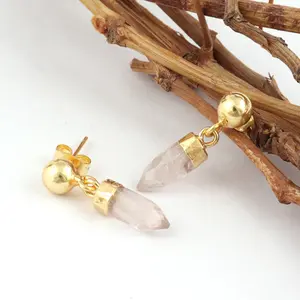Latest collection natural rose quartz earring gold plated drop dangle daily wear fine jewelry bullet shape faceted hanging drops