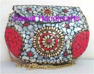 Handmade Indian Ladies Evening Clutch <b>Bag</b> Red with Gold Chain Vintage Metal Decoration RH-WA016 Casual Ins Style Cover Closure - Product Image 1