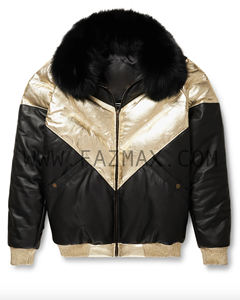 Chaqueta de cuero V-Bomber Chaqueta acolchada de cuero de vaca negra y dorada OEM 2024 - Product Image 5