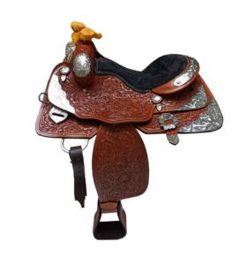Selle de cheval Western Barrel en cuir marron avec conception de pochoir en argent - Product Image 1