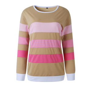 High Quality <b>Women</b> Sweatshirt Color Block Stripes Long Sleeve Crewneck O-Neck Pullover Tee Shirt <b>Tops</b> - Product Image 2