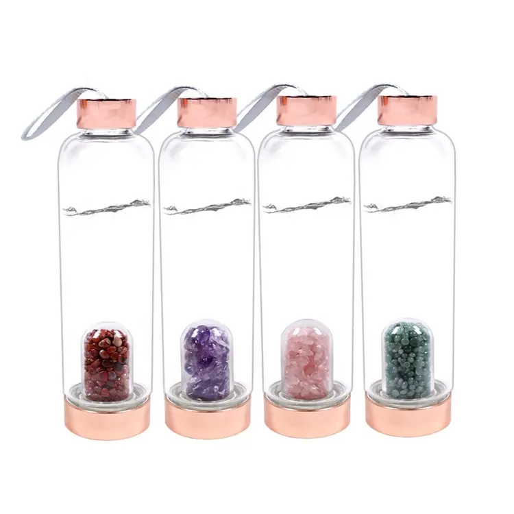 16.9 Oz Crystal Infused High Borosilicate Glass Water Bottle with Real Amethyst for Eco-friendly relaxing Healing gifts women