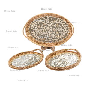 Bandeja de comida de ratán y nácar en tres tamaños diferentes, formas ovaladas, bandeja para postres y frutas en India. - Product Image 5