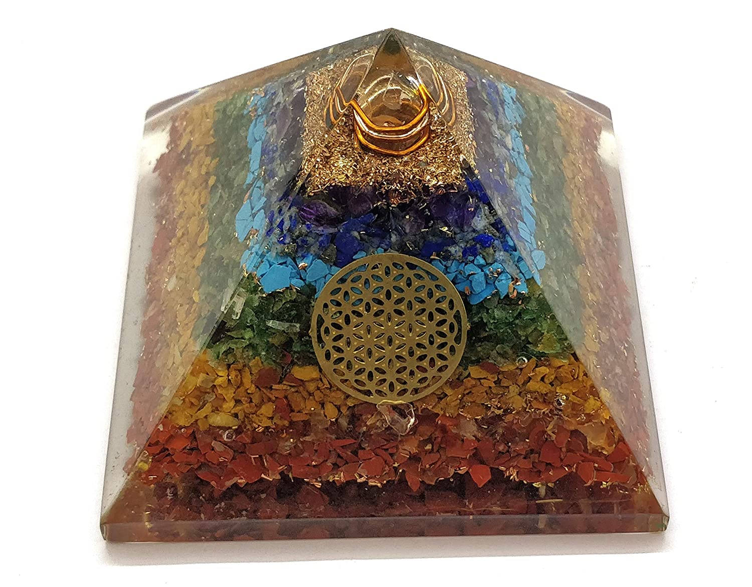 Handmade Geometric Pyramid Made with Seven Chakra Crystal 7 Chakras Copper Dust Orgonite Pyramid